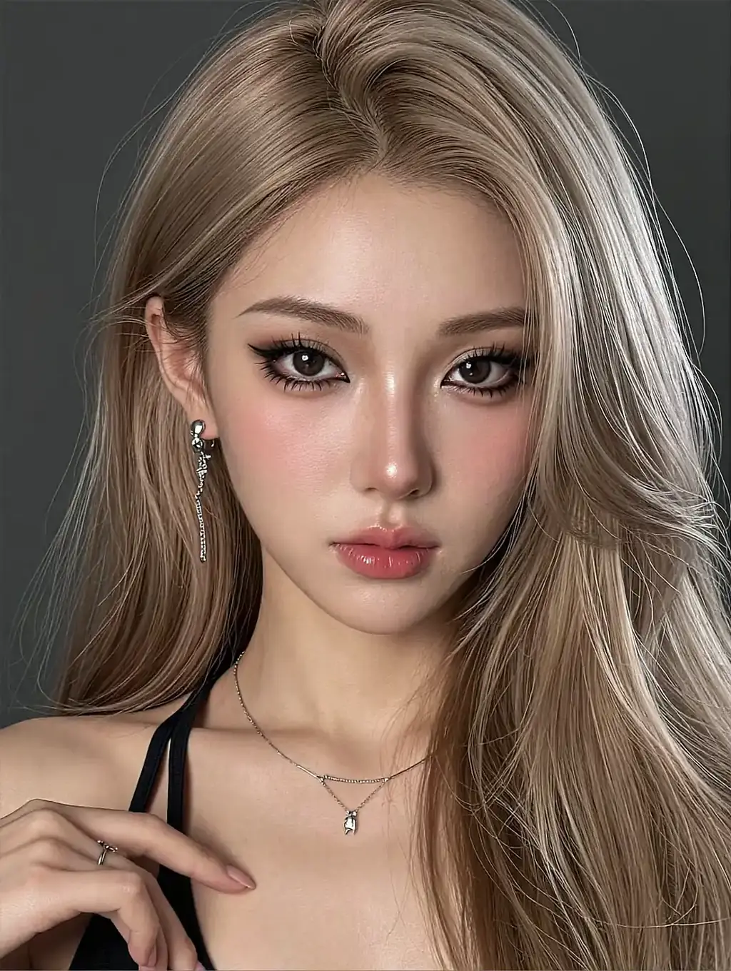 Close-up of a blonde fictional AI character with a fine chain necklace