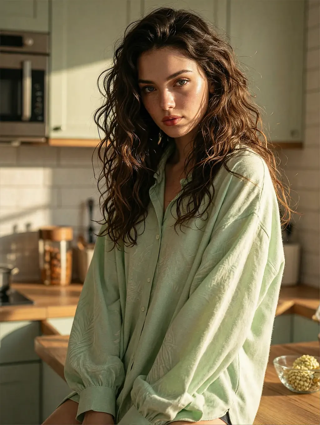 Fictional AI character with curly hair in a white shirt in a sunlit kitchen